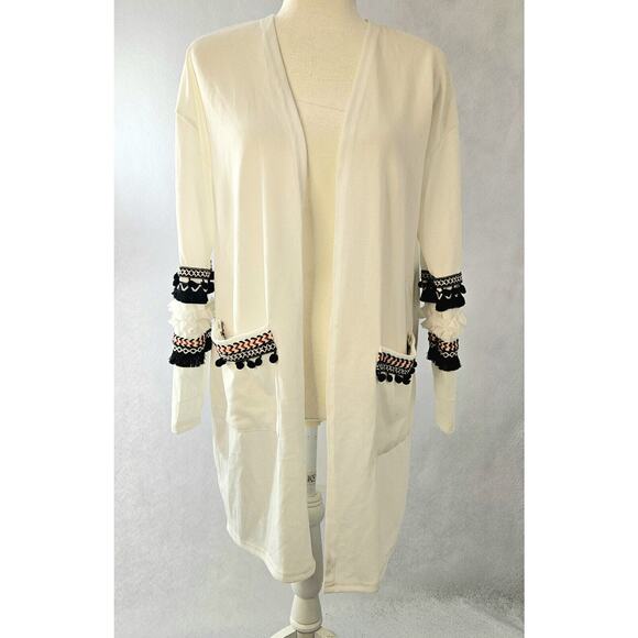 Sweater Cardigan Fringe Western Trim Sz M Boho Pockets Ethnic Batik - Picture 1 of 7